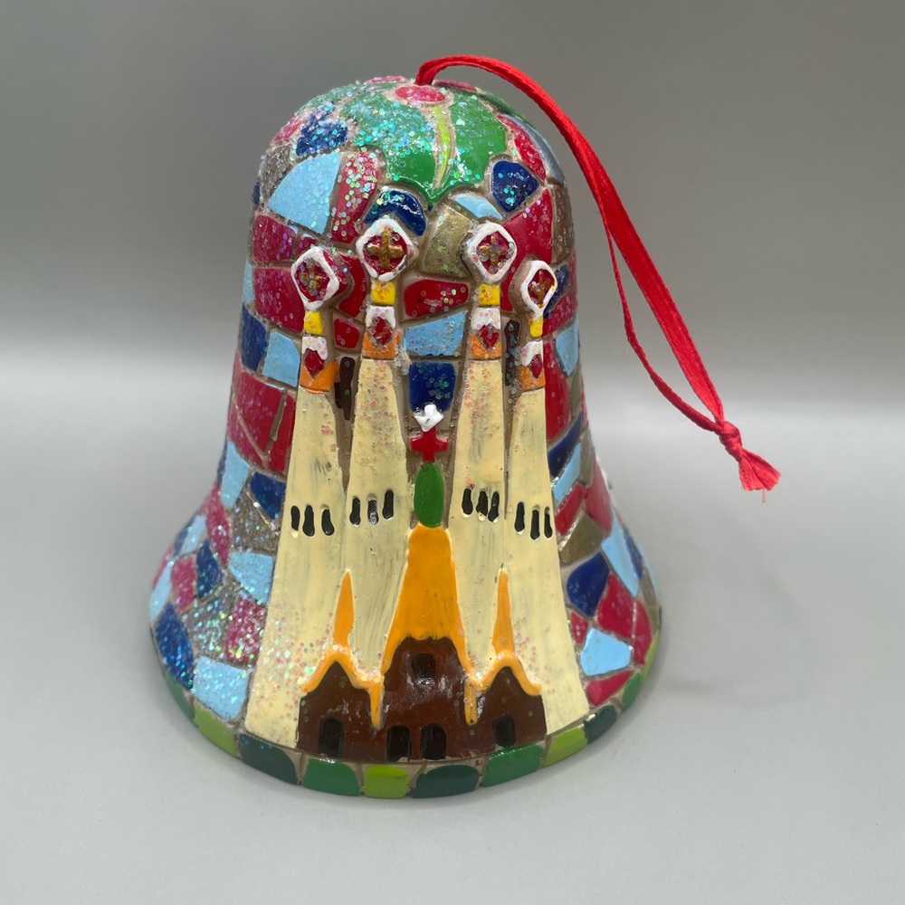 Barcino Stamped Mosaic Glitter Bell Shaped Ceramic 4” Ornament Christmas Church
